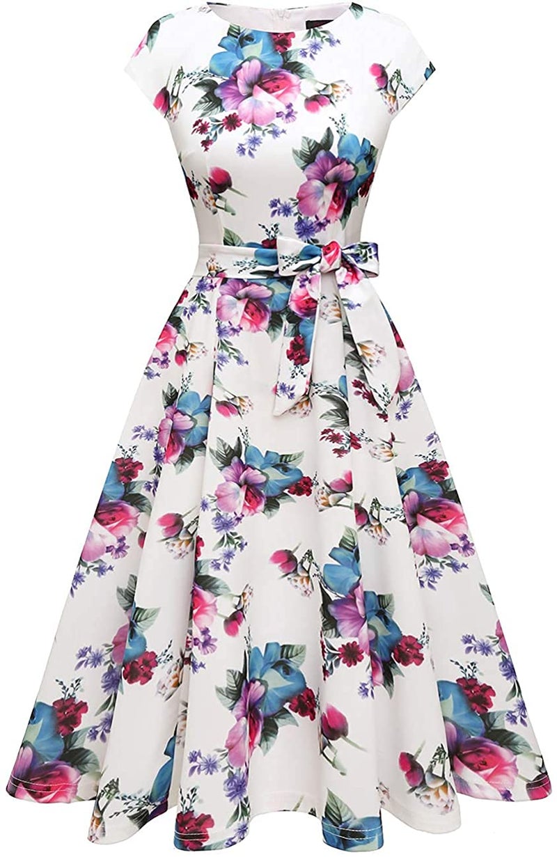 DRESSTELLS Women's Coctail Dresses Semi Formal Floral Wedding Guest Spring Summer Fancy Garden Tea Party Dinner Plus Size Dress Print White Flower 3XL - Image 2